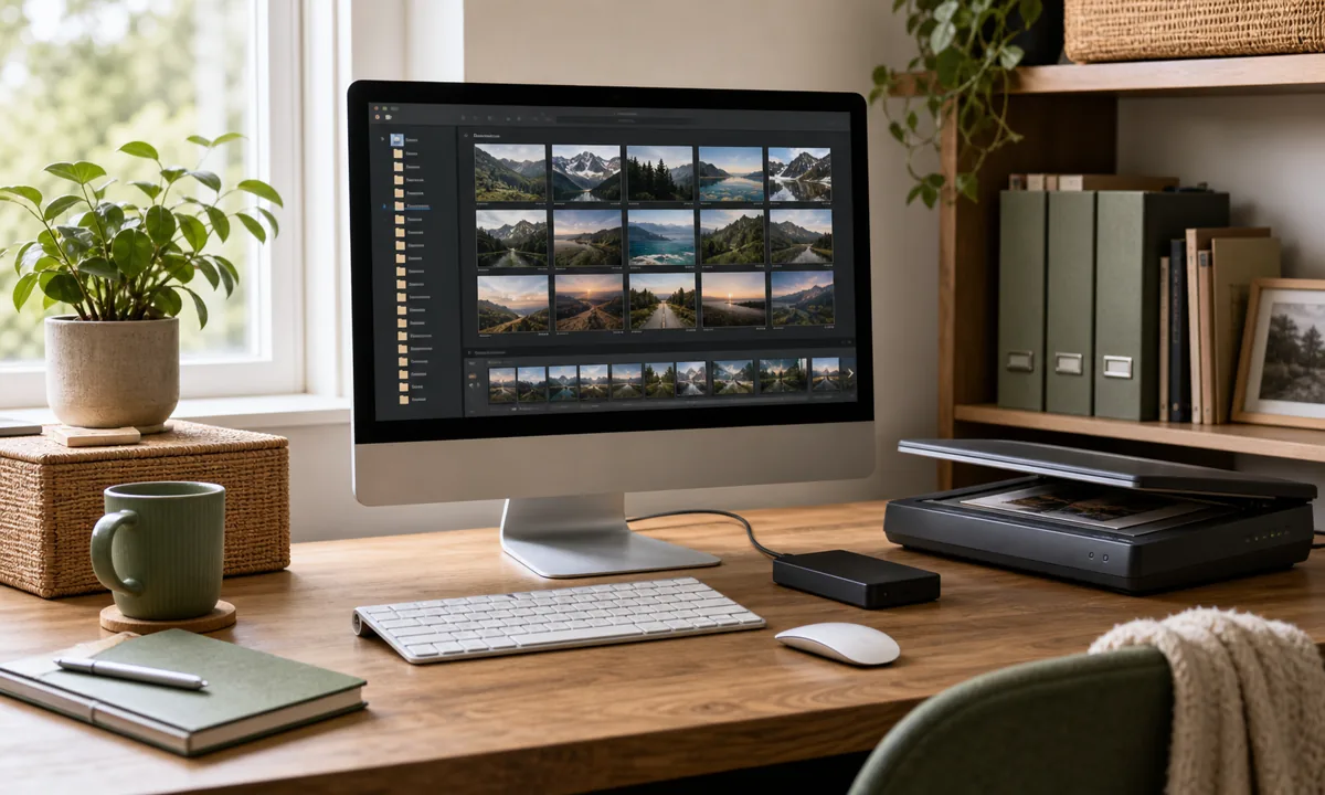 Organized computer desk showing a clean digital photo library, shallow folder structure, backup drive, and paper scanner