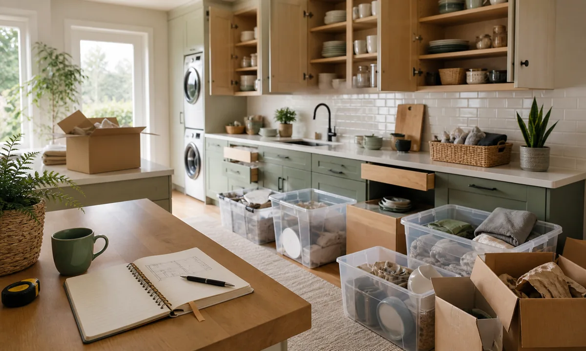 Newly renovated room during organized move-back with temporary category bins, open cabinets, measurement notes, and documented finishes