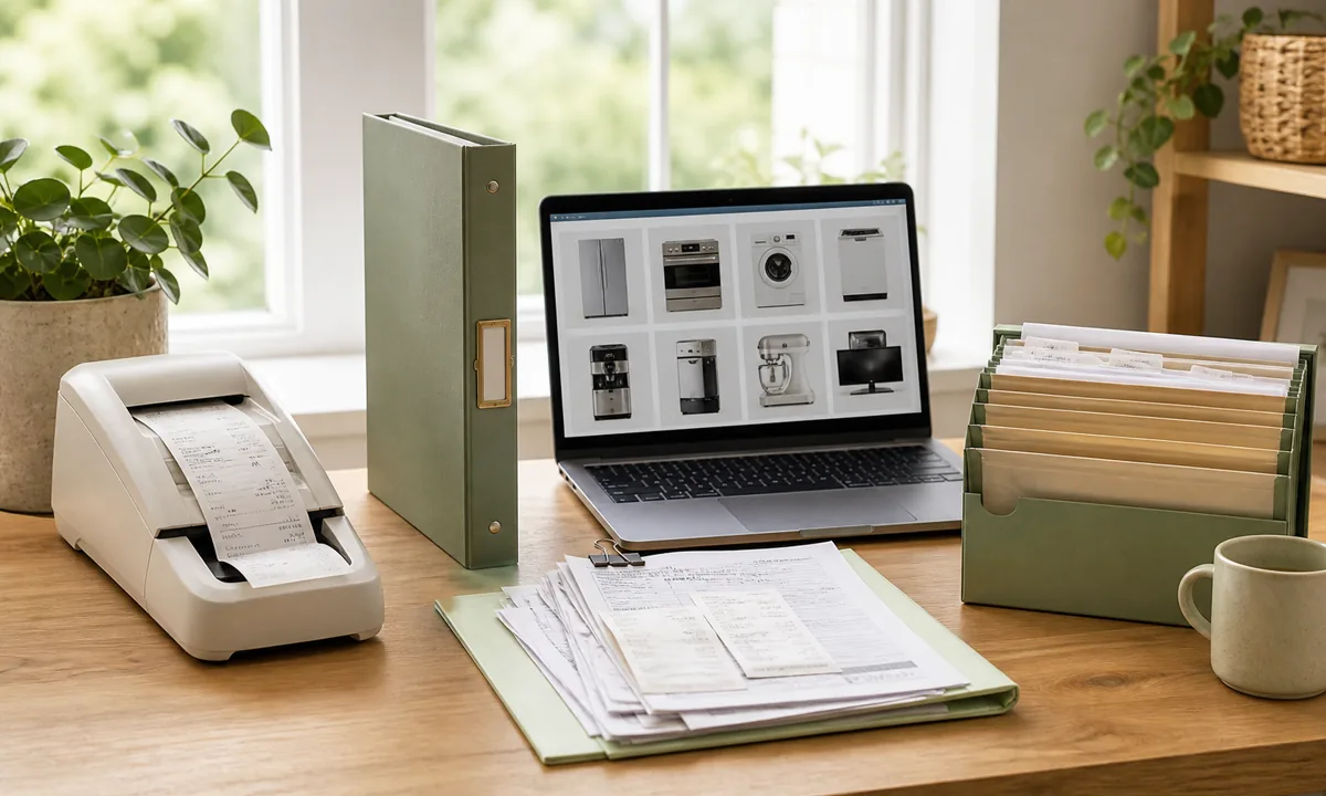 Organized home records desk with slim warranty binder, appliance index, scanned receipts, and model-number photo archive