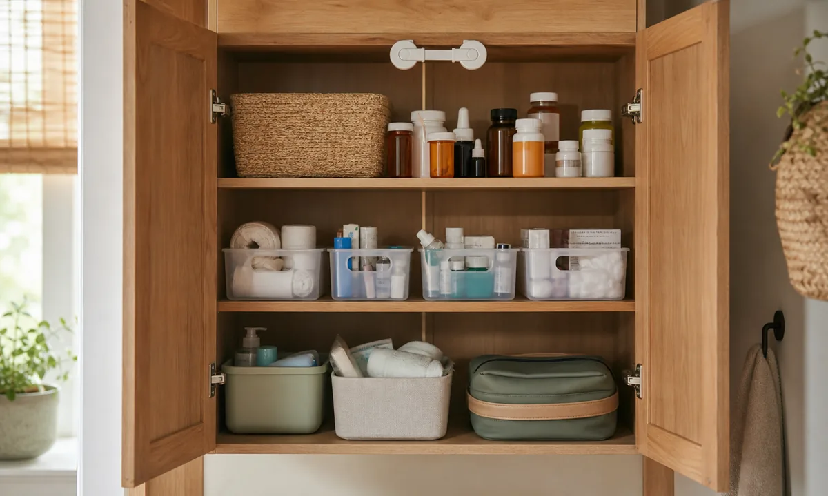 Secure home medicine and first-aid cabinet with original containers, divided bins, and a locked upper shelf