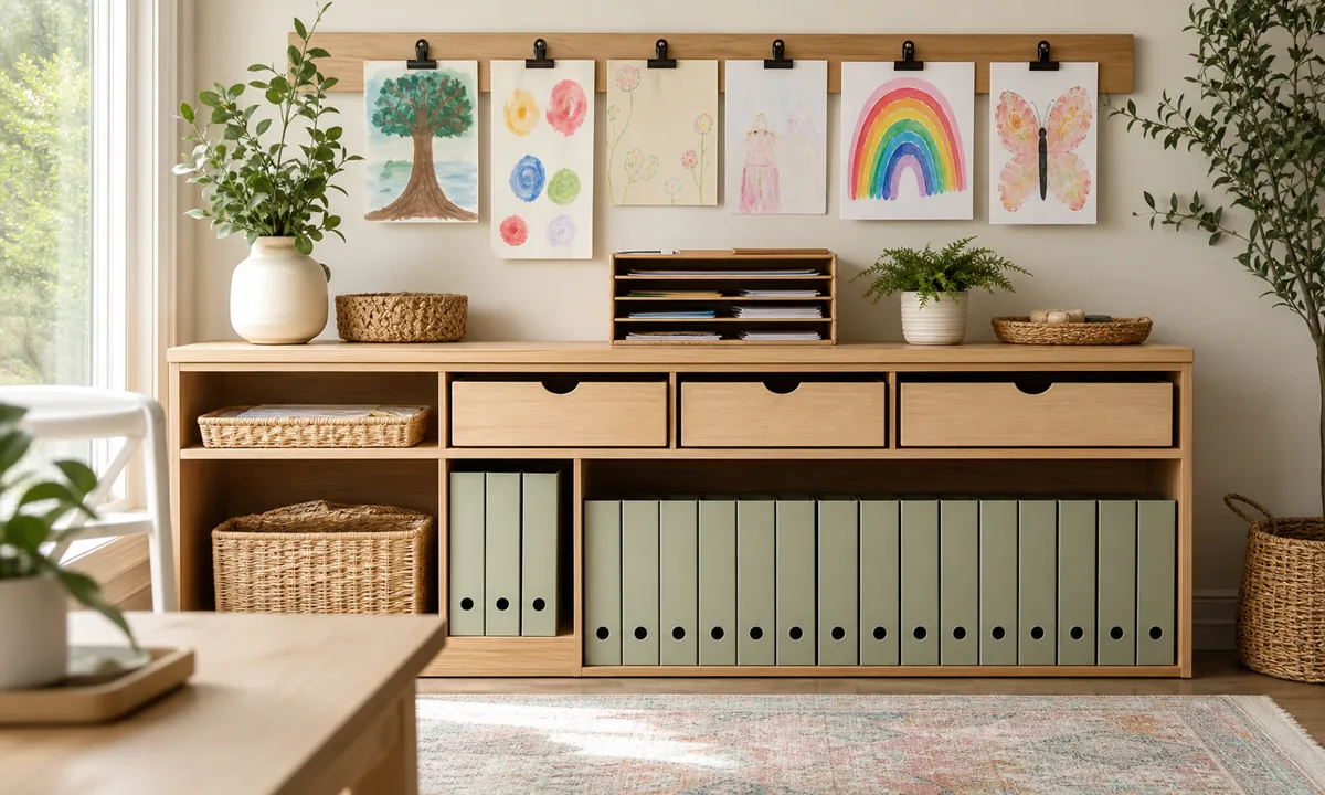 Family paper station with action pocket, rotating children's artwork display, annual portfolio boxes, and scanning area