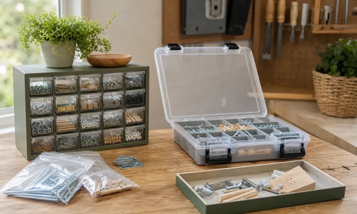 Workshop hardware station with clear labeled drawers, divided portable case, original fastener packages, and project tray