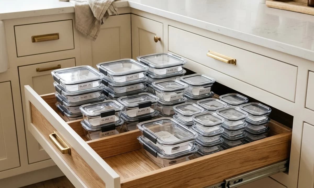 Organized kitchen cabinet with nested clear food containers and lids filed vertically in acrylic bin