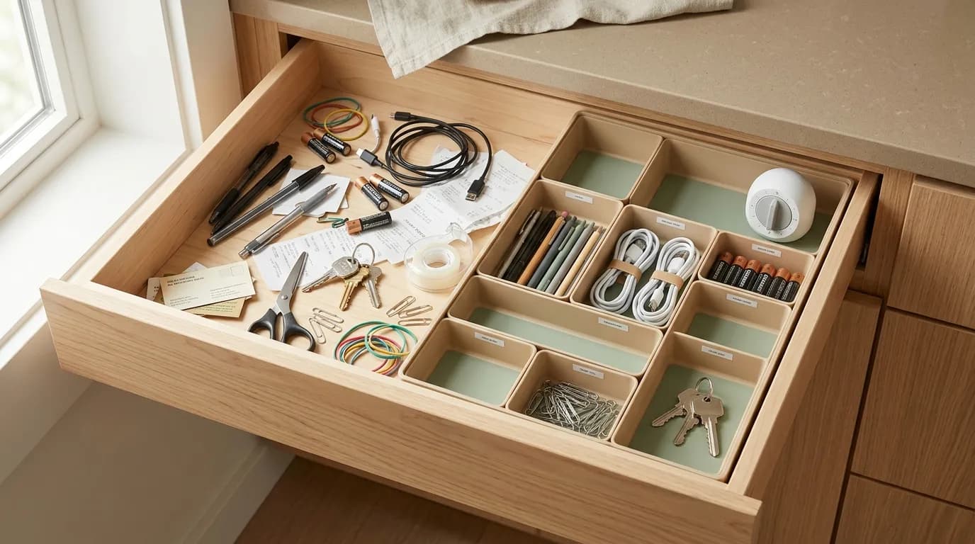 Neatly organized kitchen junk drawer with clear dividers and labeled sections