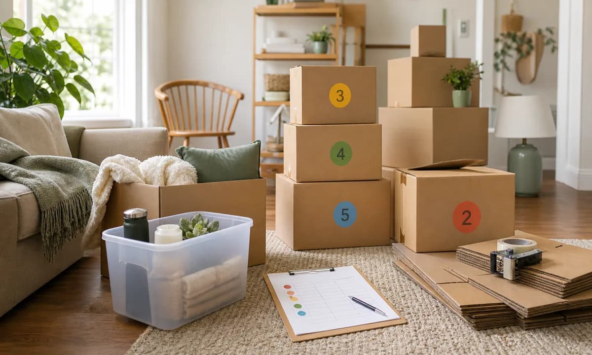 Organized moving boxes with room color labels, unique box numbers, a master inventory clipboard, and a first-night bin