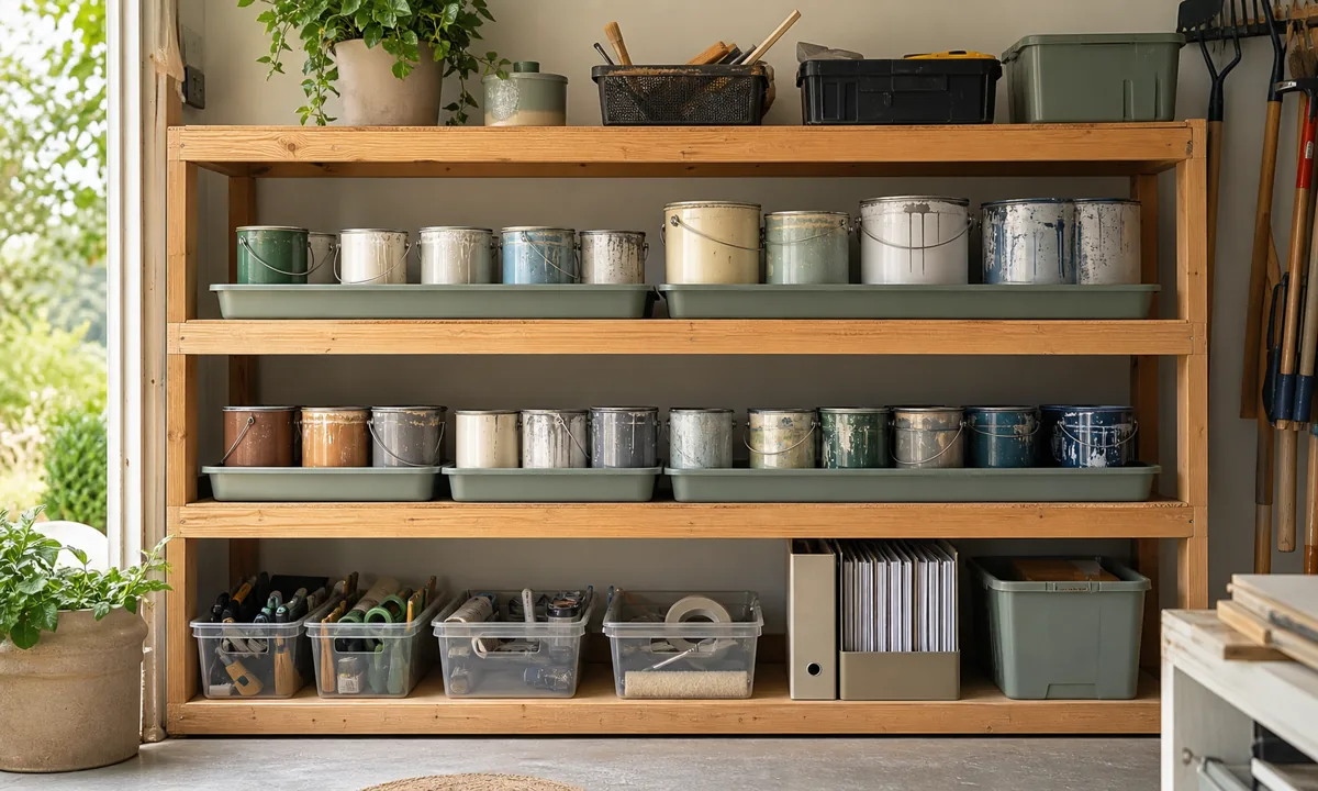 Organized paint and DIY shelf with original unbranded cans, containment trays, clean tool bins, and project record binder