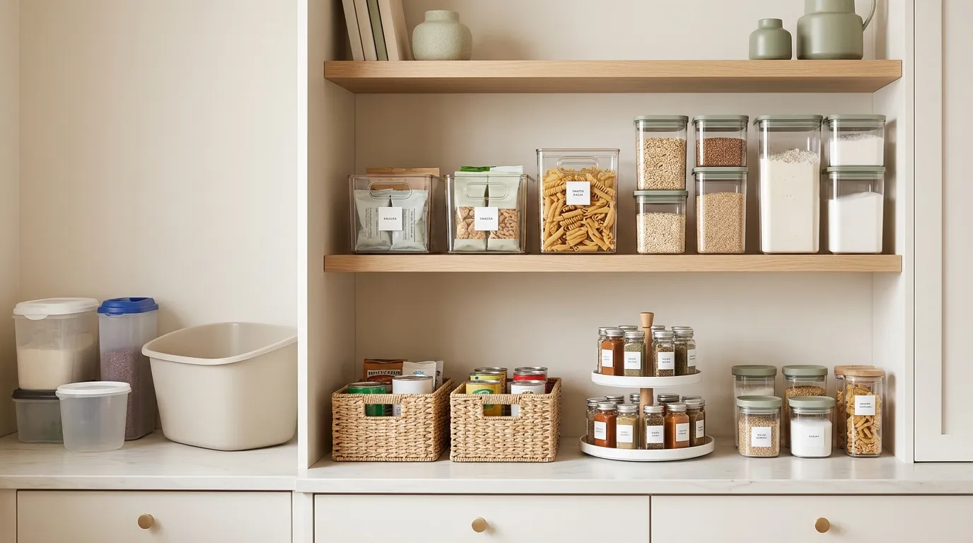 Well-organized pantry shelves with matching clear bins and labeled airtight containers