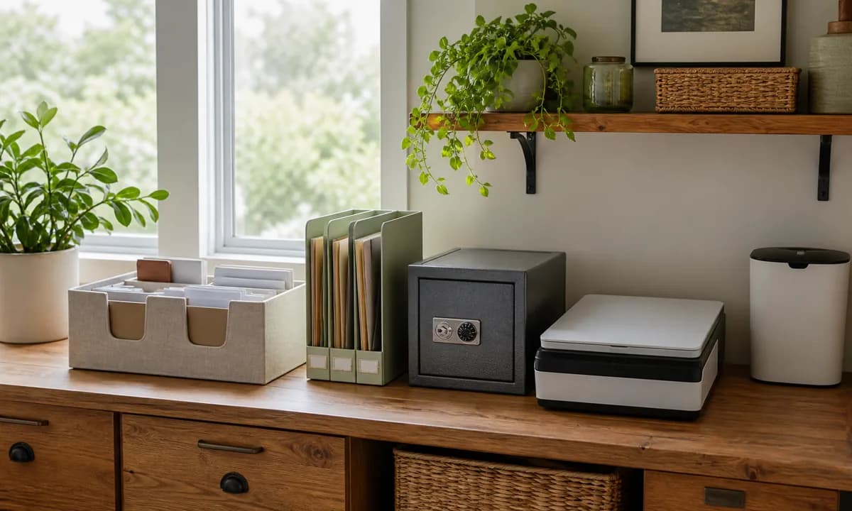 Home records station with action inbox, slim labeled files, locked fire-resistant box, scanner, and closed shredding bin