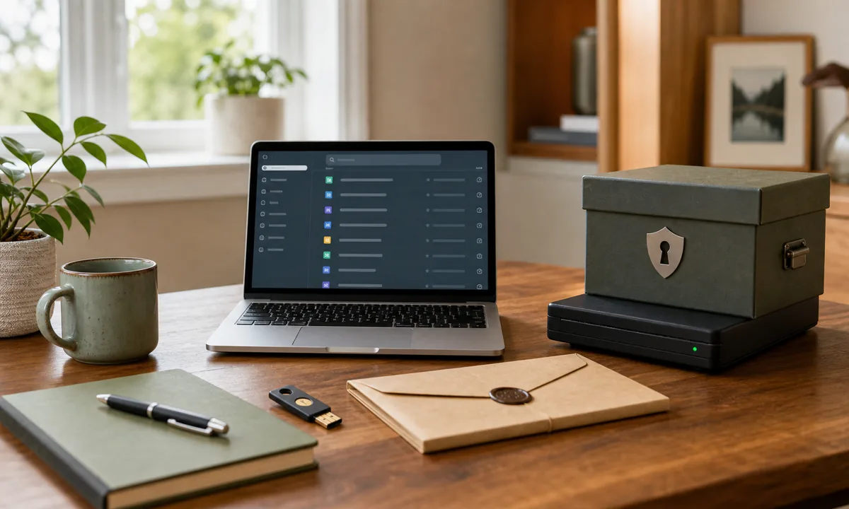 Secure home digital planning desk with password manager on laptop, multifactor key, sealed recovery envelope, and protected document archive