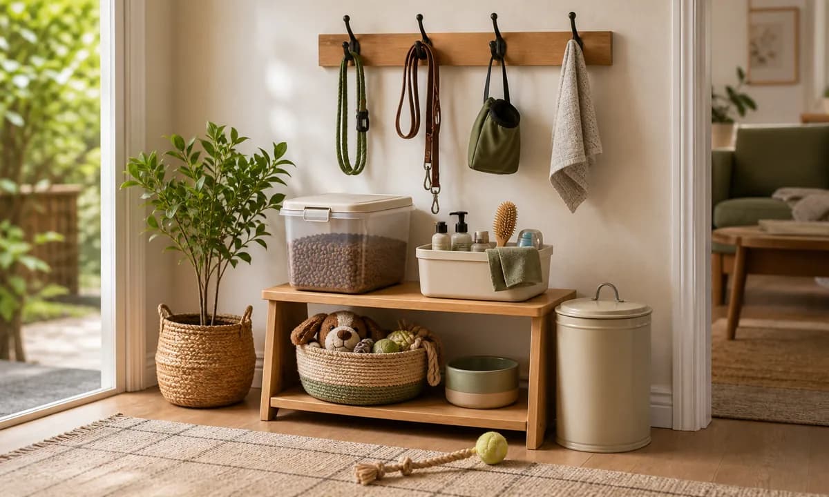 Organized pet-care station with sealed food storage, leash hooks, a low toy basket, grooming caddy, and record folder