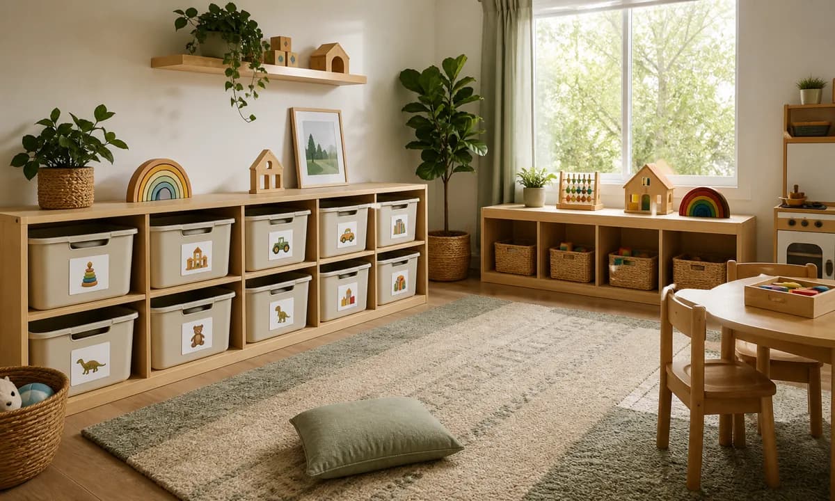 Calm playroom with low anchored shelves, broad toy bins, picture labels, and open floor space