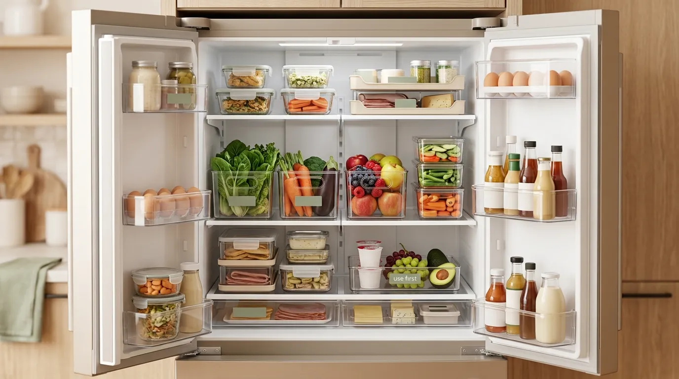 Clean and organized refrigerator with clear bins, labeled sections, and visible produce