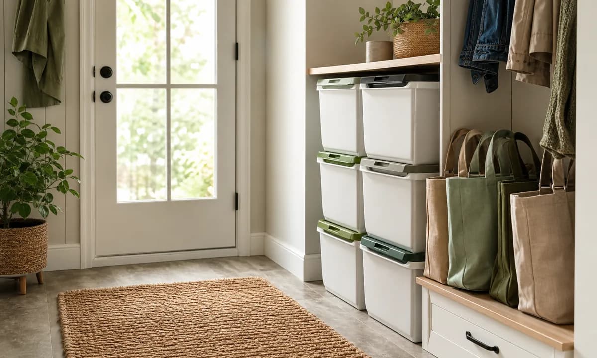 Compact entry recycling station with stacked washable bins, nested reusable bags, local-rule label areas, and clear walkway
