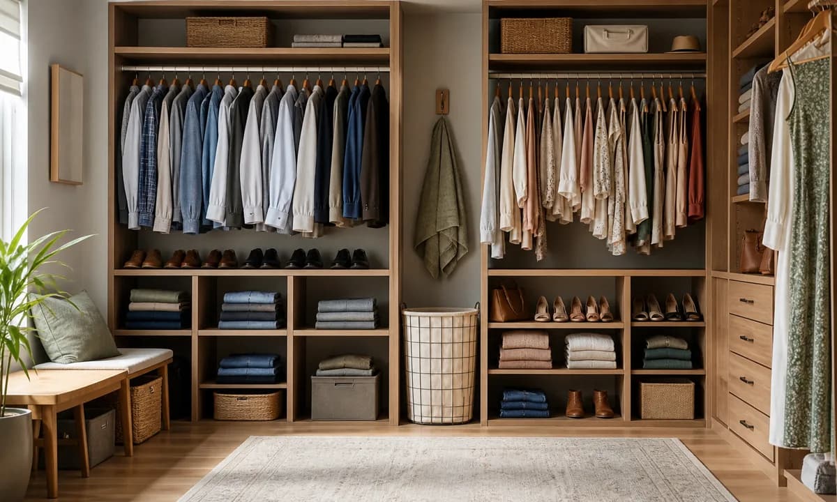 Shared couple's closet with distinct but unequal hanging and folded zones, labeled boundaries, shared hamper, and clear floor