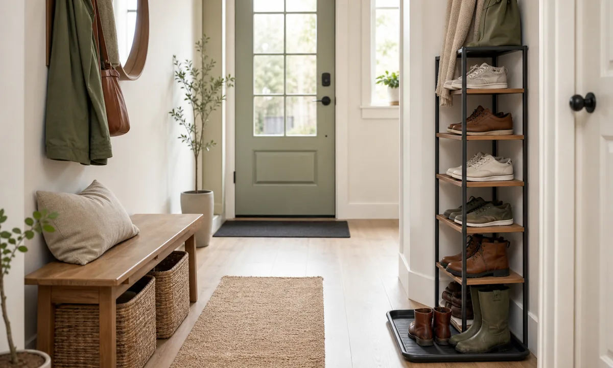 Narrow entryway with a vertical shoe rack, clear floor, bench, and neatly stored everyday footwear