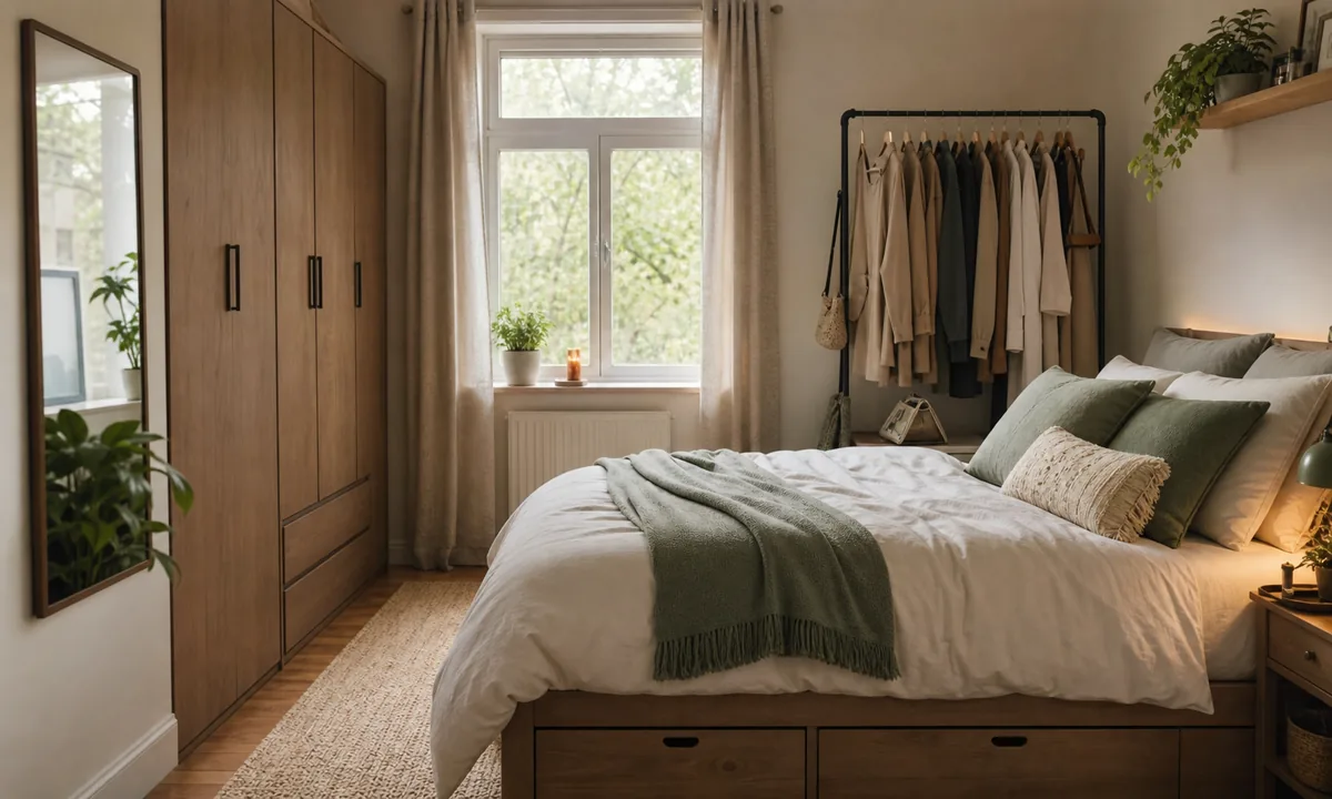 Small bedroom without a closet featuring one anchored wardrobe wall, curated garment rail, under-bed drawers, and clear floor