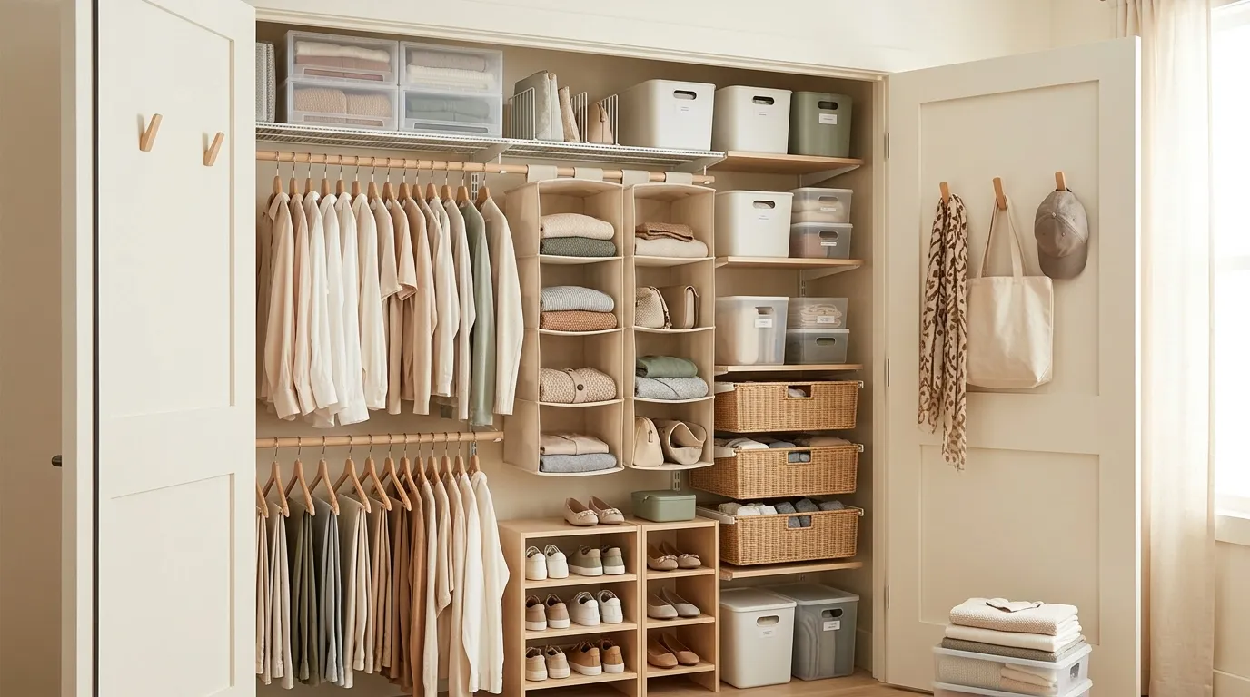 Small bedroom closet organized with double hang rod, shelf bins, and velvet hangers