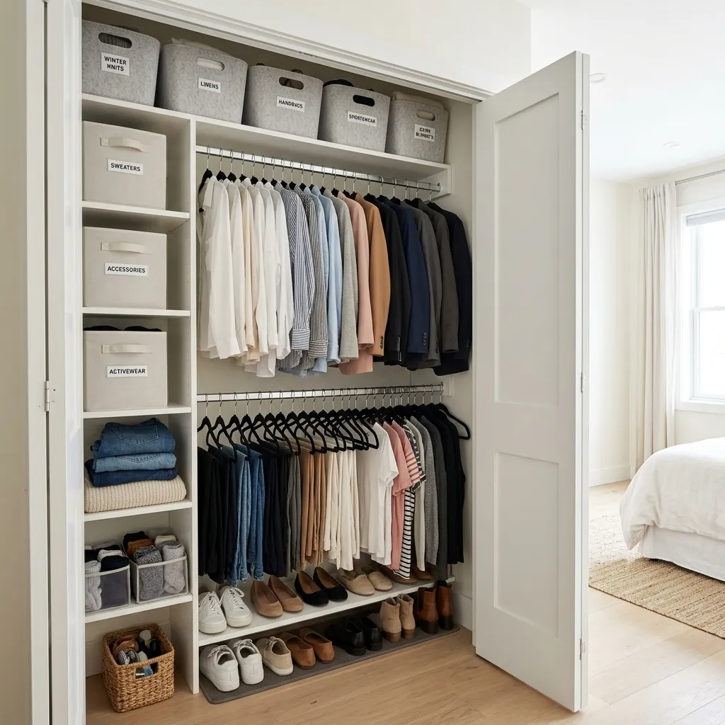 Neatly organized small bedroom closet with double hanging rod and shelf bins