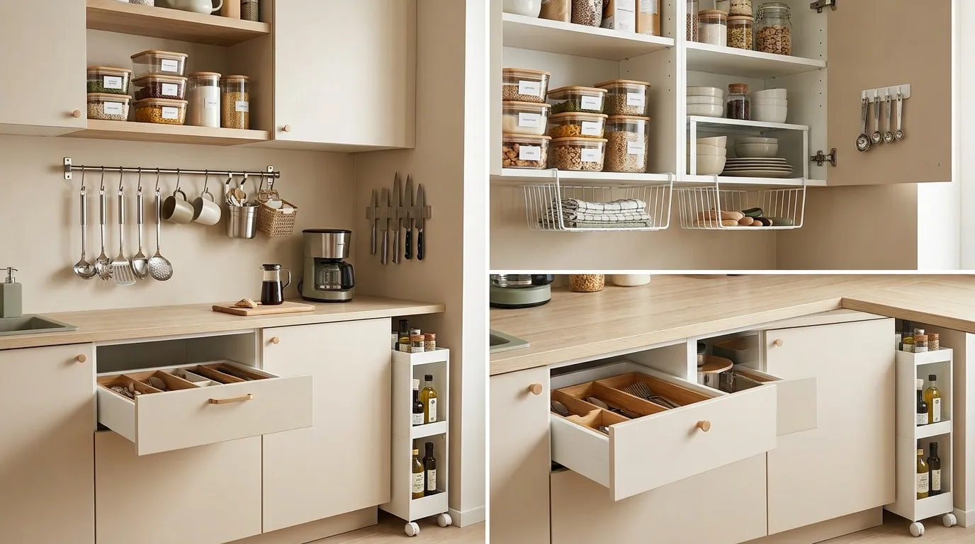Compact kitchen organized with vertical shelves, magnetic knife strip, and clear counter