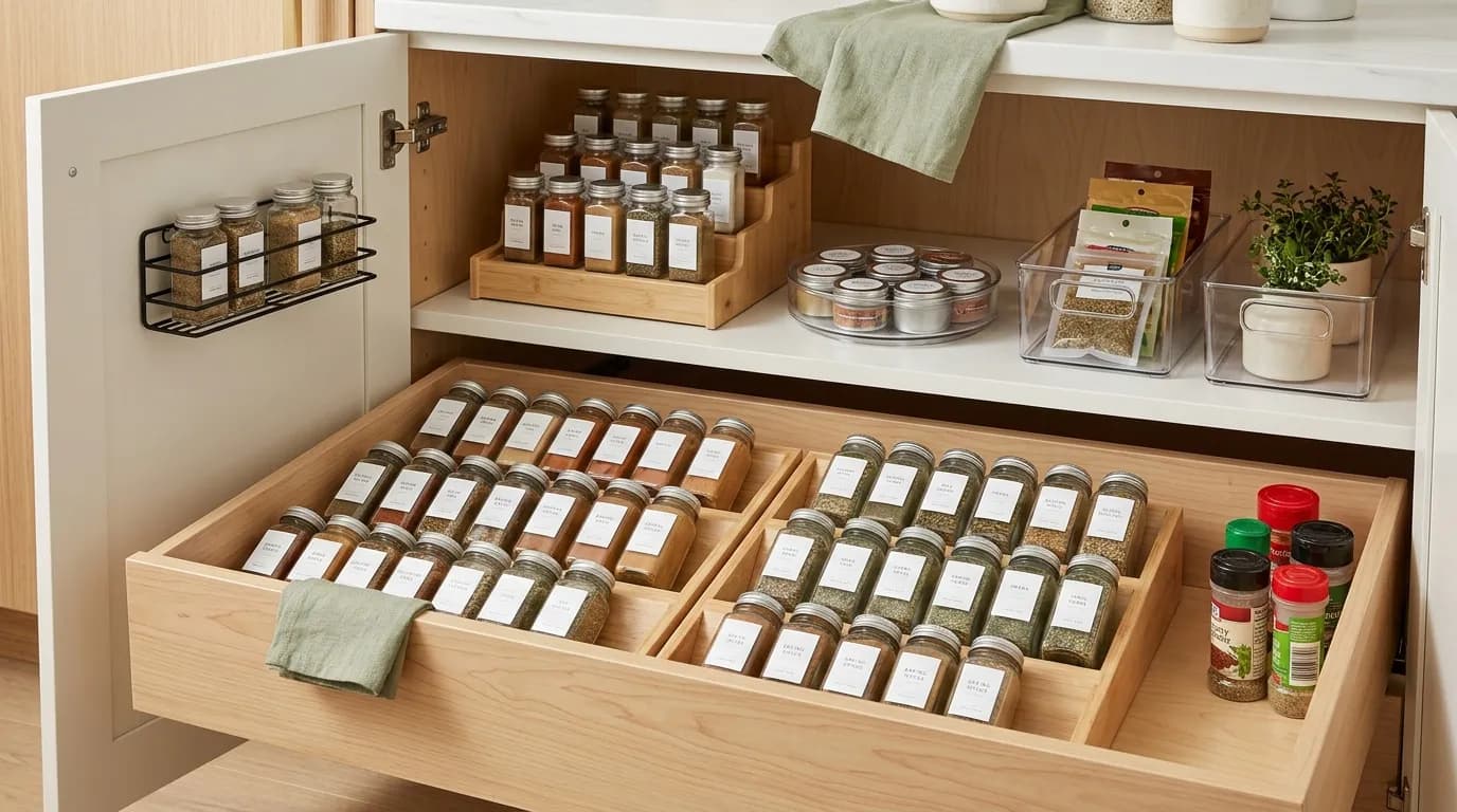 Organized spice drawer with uniform labeled jars visible from above
