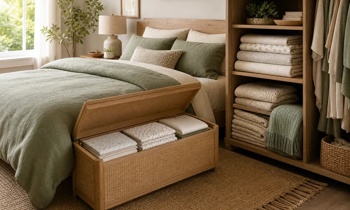 Bedroom storage bench and wardrobe shelf with complete sheet bundles, loosely folded blankets, and labels by bed size