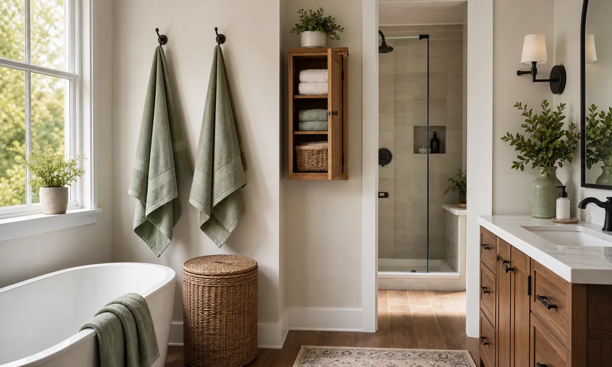 Bathroom without linen closet featuring a dry towel cabinet, spaced drying hooks, modest folded rotation, and separate hamper