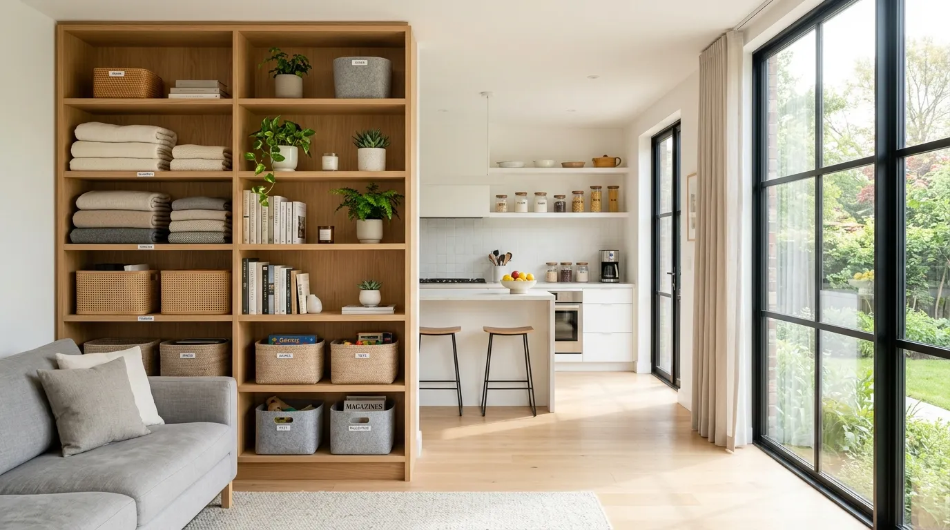 Beautifully organized living room with labeled storage bins and tidy shelves