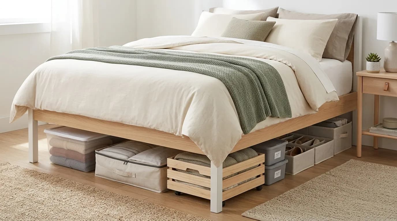 Organized under-bed storage with flat clear bins containing folded clothes and bedding