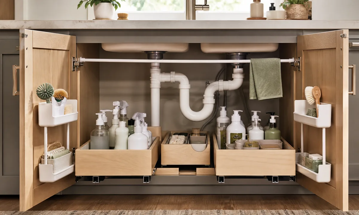 Organized under-sink kitchen cabinet with U-shaped pull-out drawer, tension rod with hanging spray bottles, and silicone drip mat