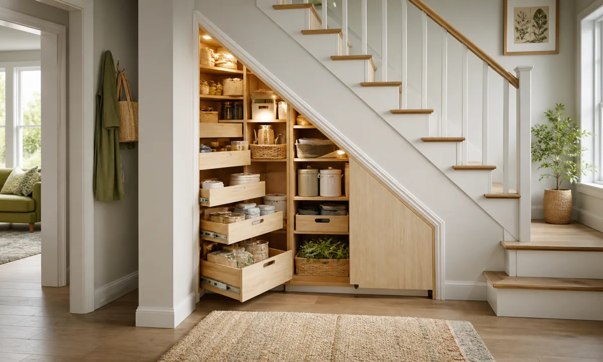 Under-stairs storage with fitted pull-out drawers, tall accessible shelves, lighting, lightweight deep bins, and visible utility access