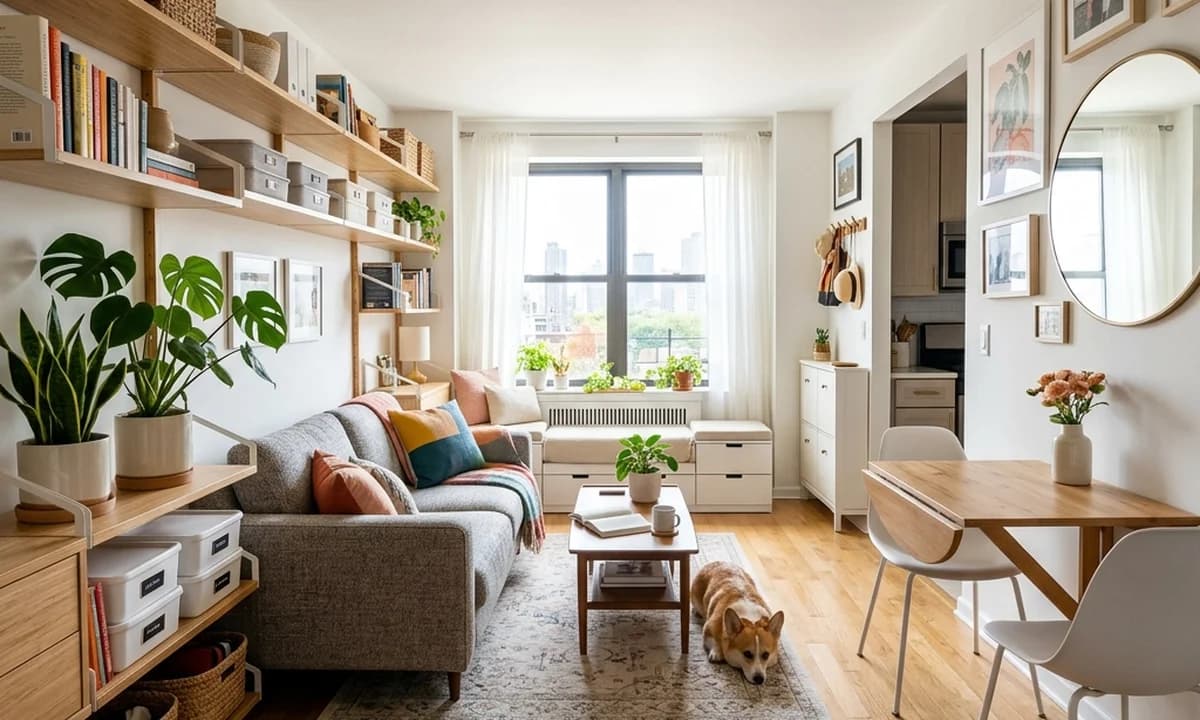 Organized small apartment living room with floor-to-ceiling shelving and clear counter space