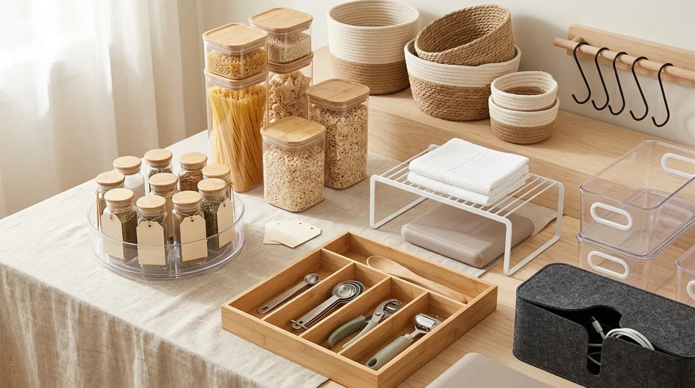 Organized pantry with clear acrylic bins with handles, bamboo drawer dividers, and matching woven baskets