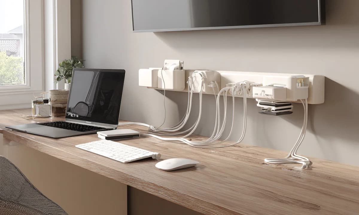 Clean desk setup with no visible cables, cable tray mounted under desk and single cord bundle visible