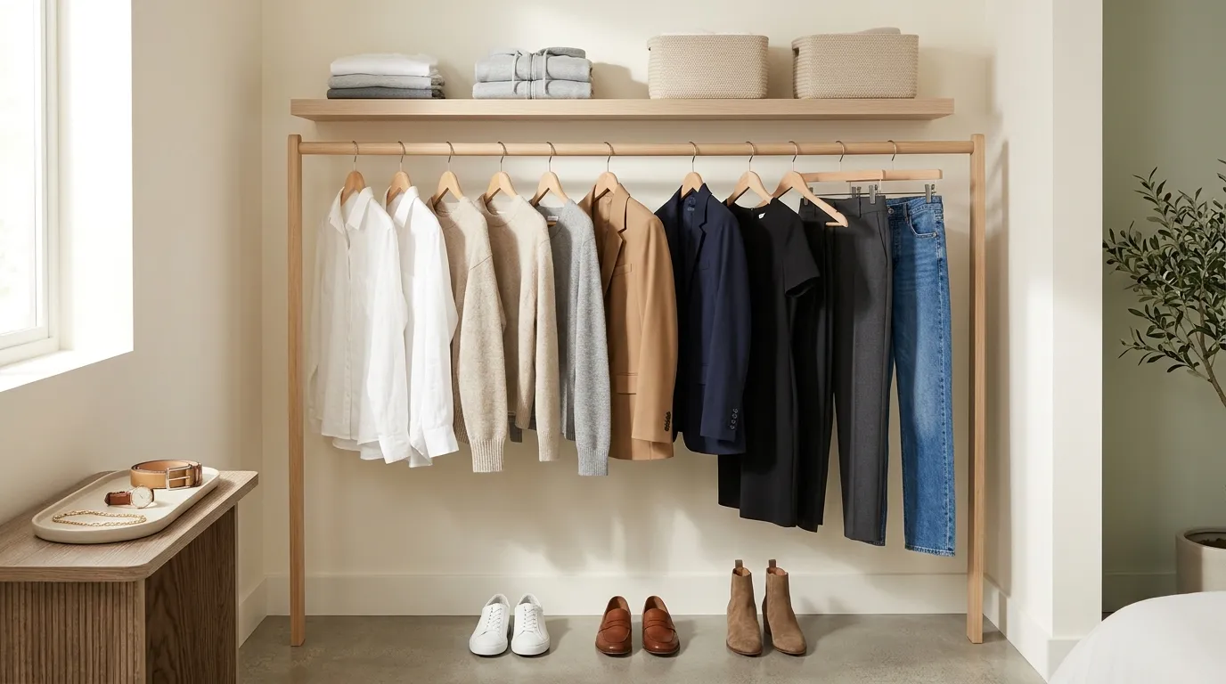 Minimal capsule wardrobe with neutral-colored clothes hanging in an organized closet