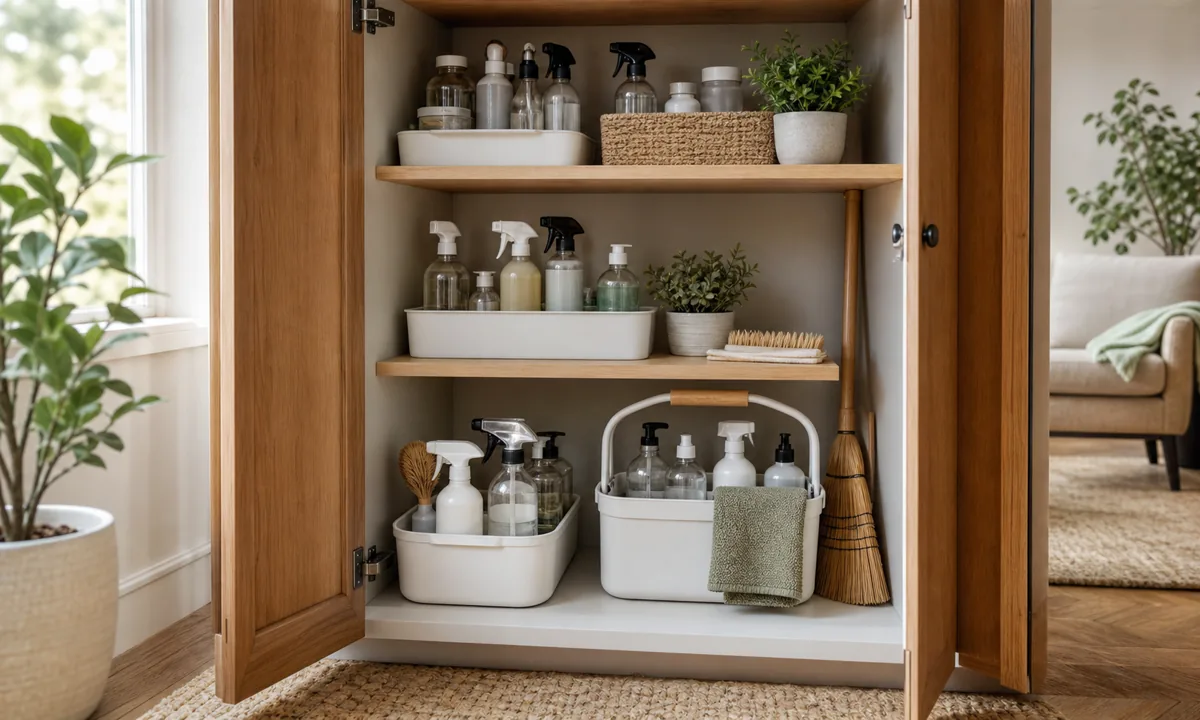 Secure cleaning-supply cabinet with original bottles, washable leak trays, a portable caddy, and visible labels without readable brands
