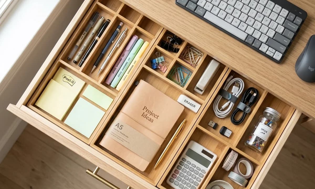 Open desk drawer organized with bamboo dividers showing pen section, sticky note section and scissors compartment