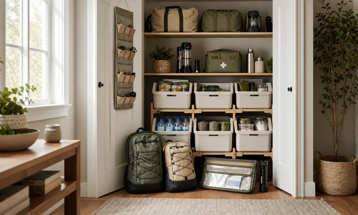 Accessible emergency supply closet with portable backpacks, raised labeled modules, water, lighting, and secure document pouch