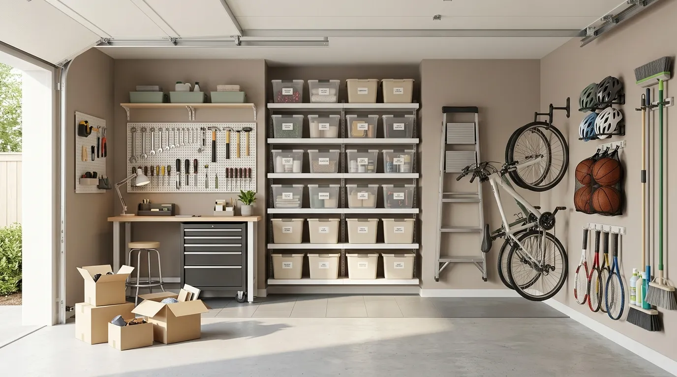 Organized garage with wall-mounted pegboard, heavy-duty shelving, and clearly labeled storage bins