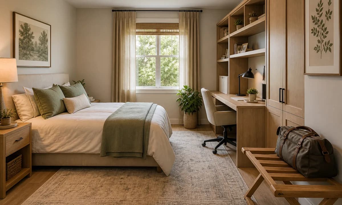 Dual-purpose guest room office with closed desk storage, clear bed, luggage bench, and a compact guest essentials basket