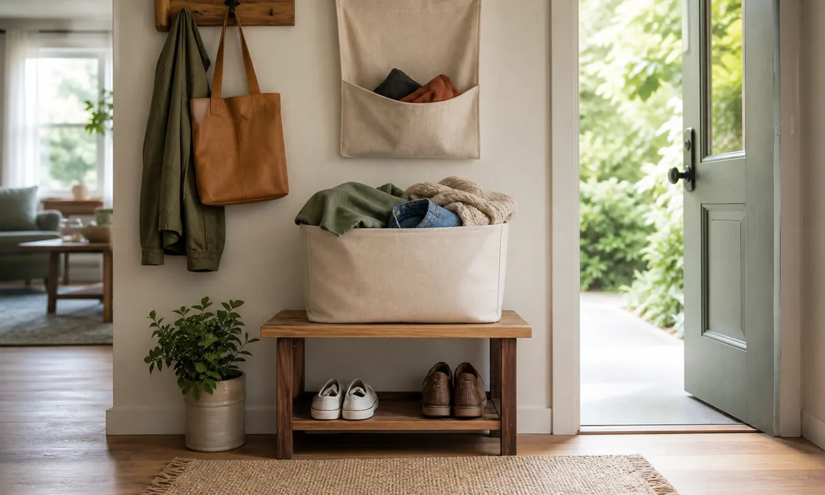 Compact home donation station with one labeled tote, small decision pocket, calendar reminder, and clear exit path