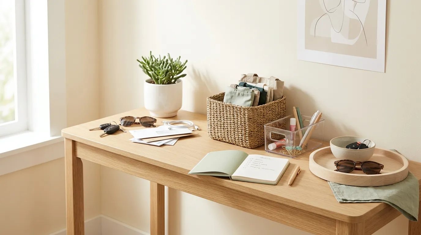 Step-by-step home organization setup with labeled bins and tidy shelves