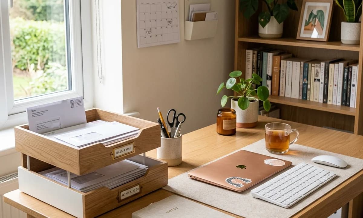 Organized desk with wall-mounted wire inbox, a 3-folder filing system, and a shredder beside it