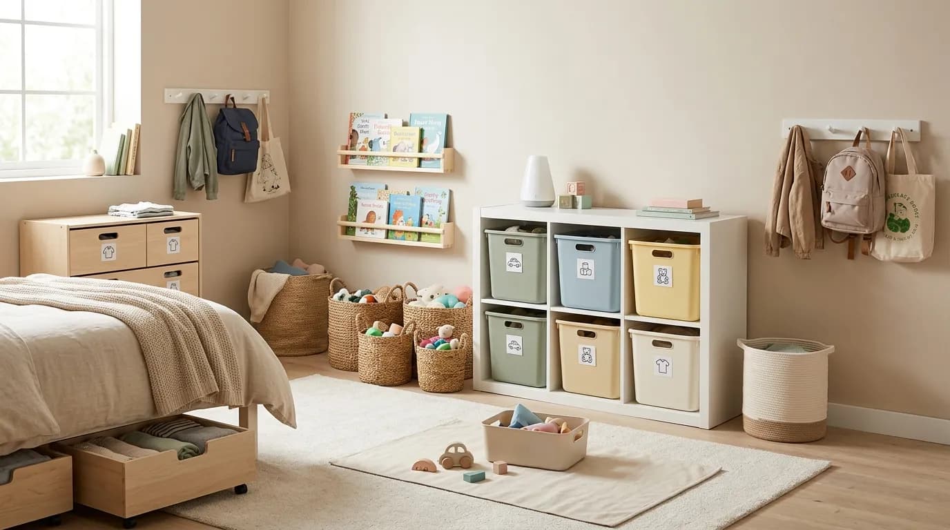Organized children's bedroom with low-level bins, labeled toy storage, and tidy desk area