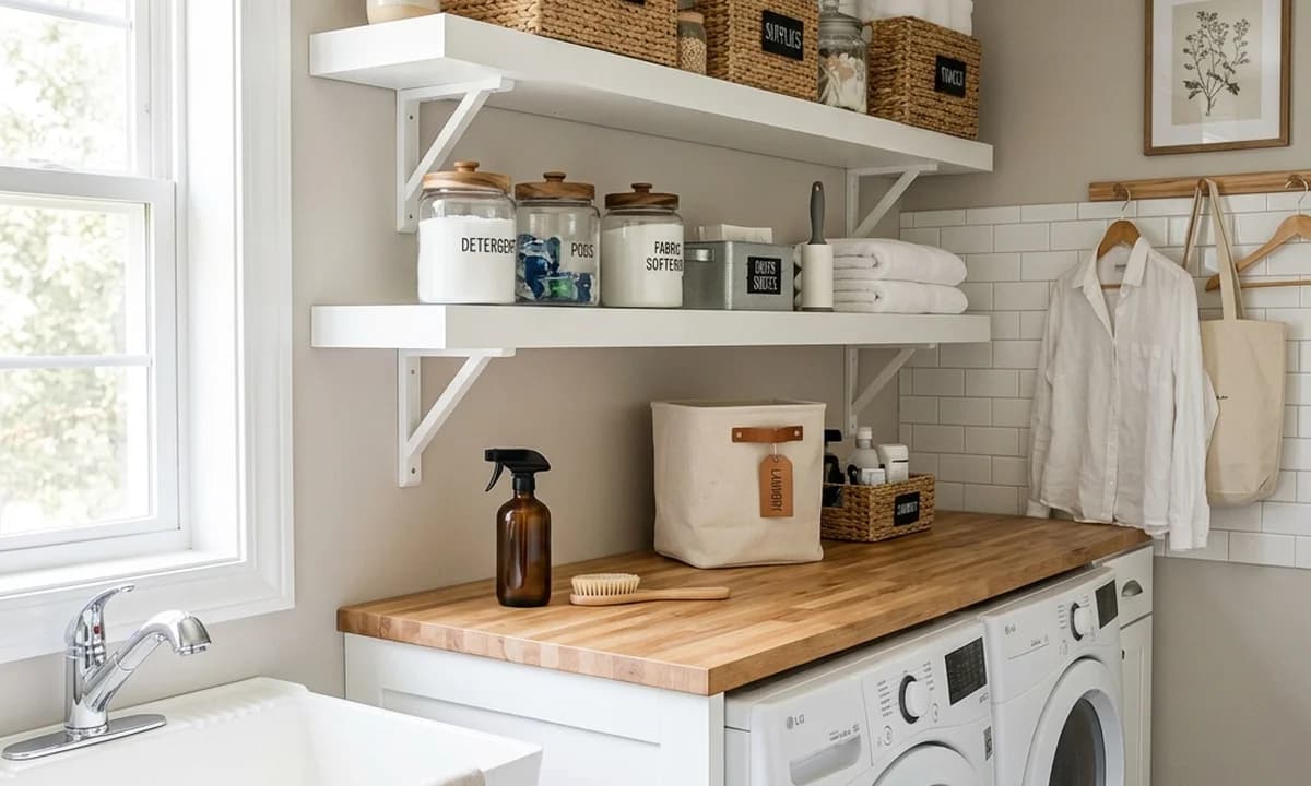 Organized laundry room with labeled bins, wall-mounted drying rack, and slim rolling cart