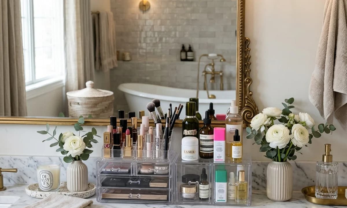 Organized vanity with clear acrylic makeup cube, turntable for skincare, and brushes in a glass jar