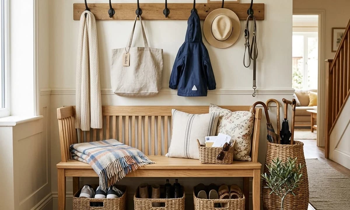 Small entryway with wall-mounted coat hooks, storage bench with shoe baskets underneath, and key hook shelf