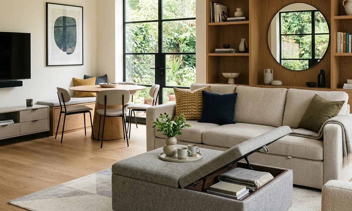 Storage ottoman serving as coffee table and extra seating in a small living room
