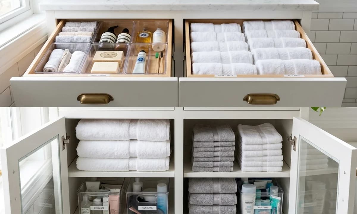 Neatly organized bathroom vanity drawers with clear modular dividers