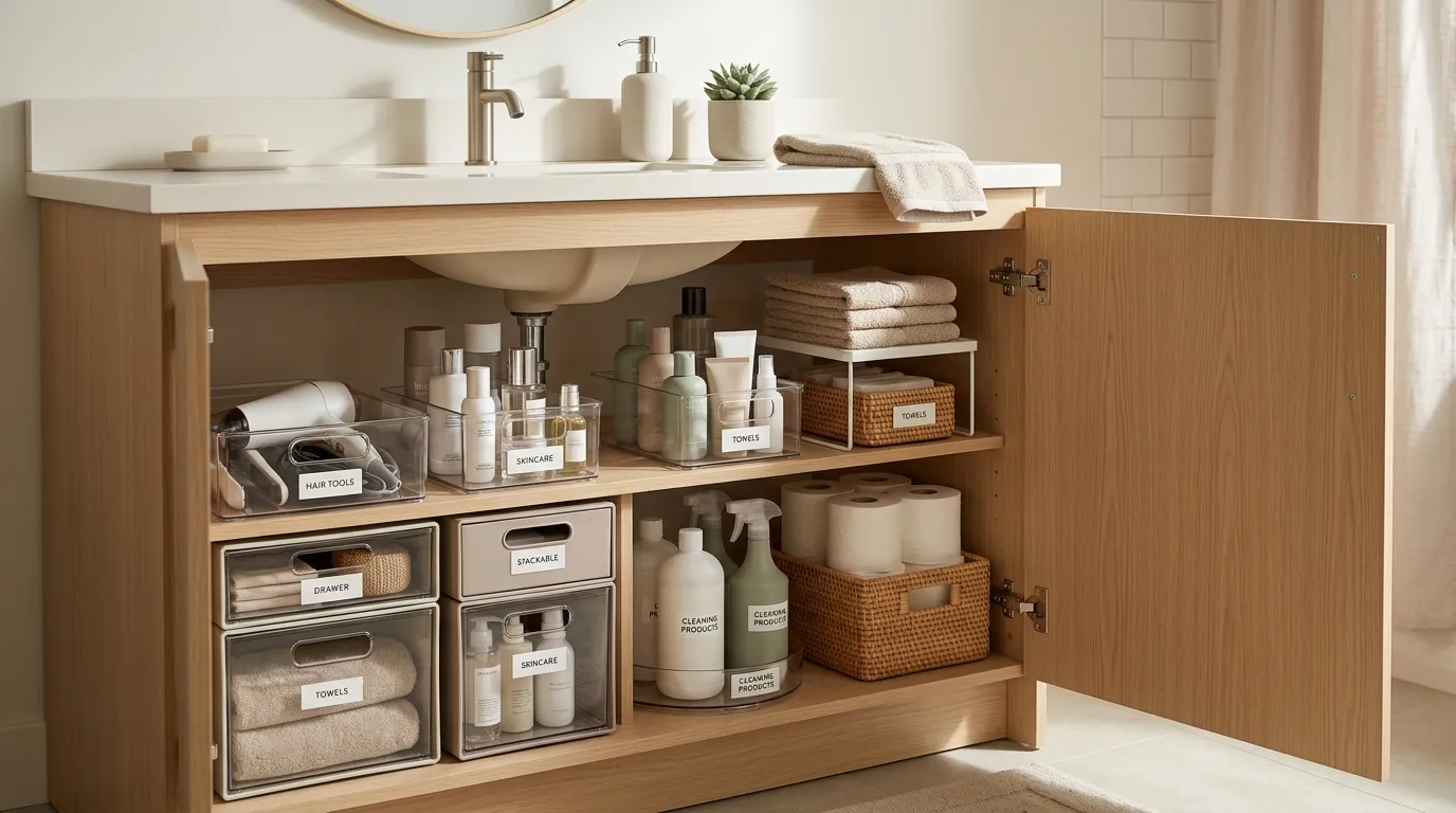 Organized under-sink bathroom cabinet with clear stackable drawers around plumbing pipes