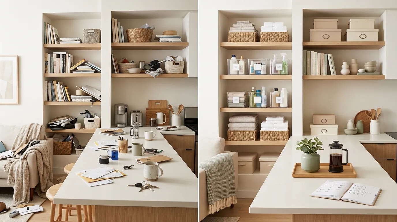 Before and after home organization transformation showing cluttered vs tidy living space